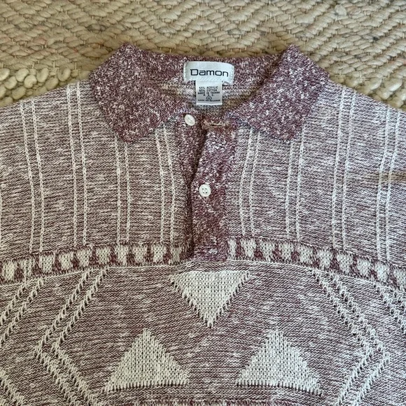 Vintage 70s Textured Weave Damon Men's Burgundy & White Yarn Knit Polo Shirt - Picture 2 of 7